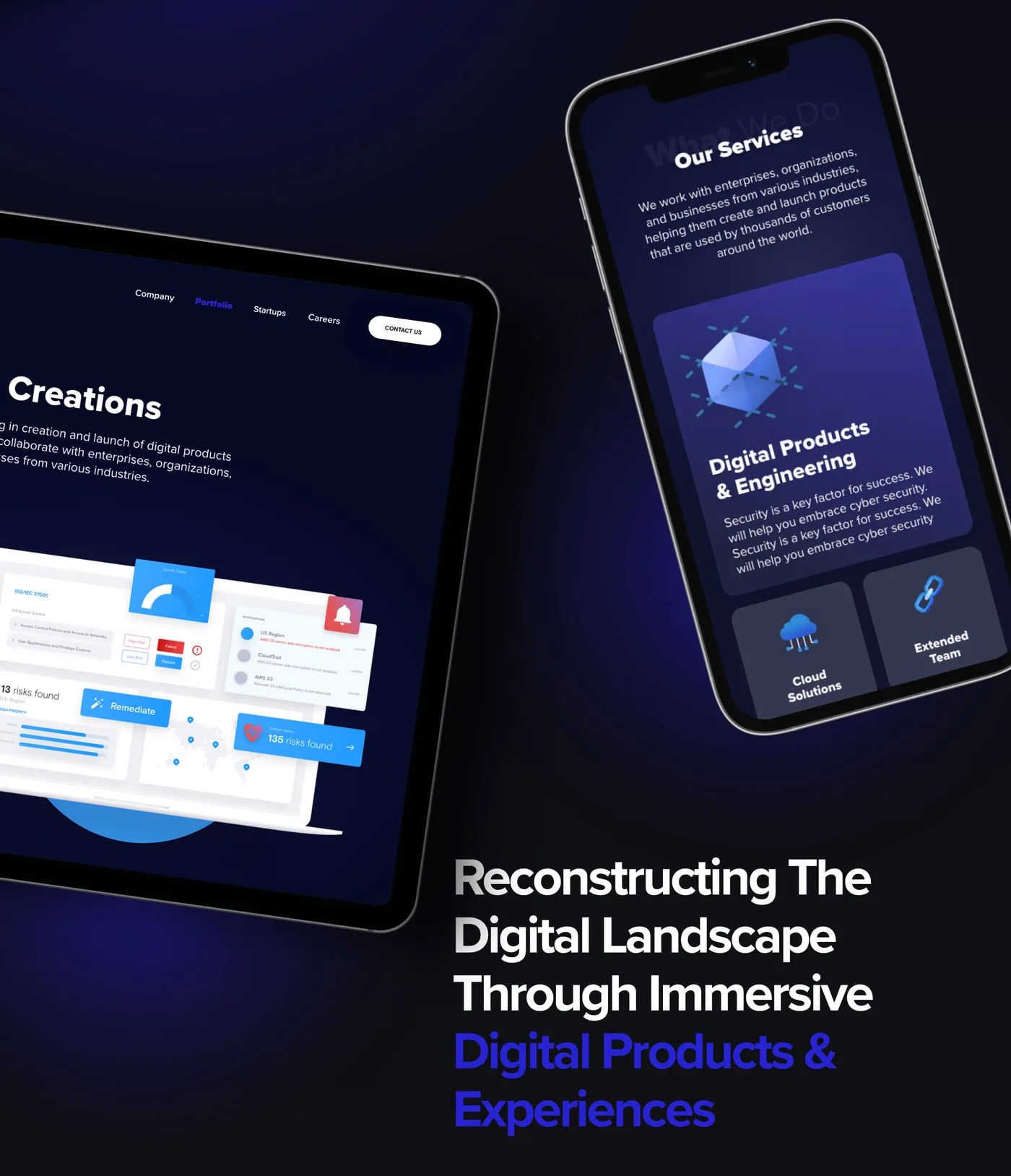 The Creations section: studio work shown in desktop, tablet and phone mockups.