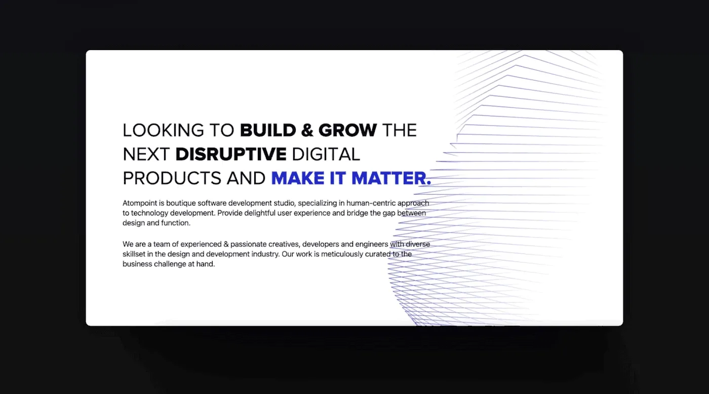 The closing call to action: “Looking to build & grow the next disruptive digital products and make it matter.”