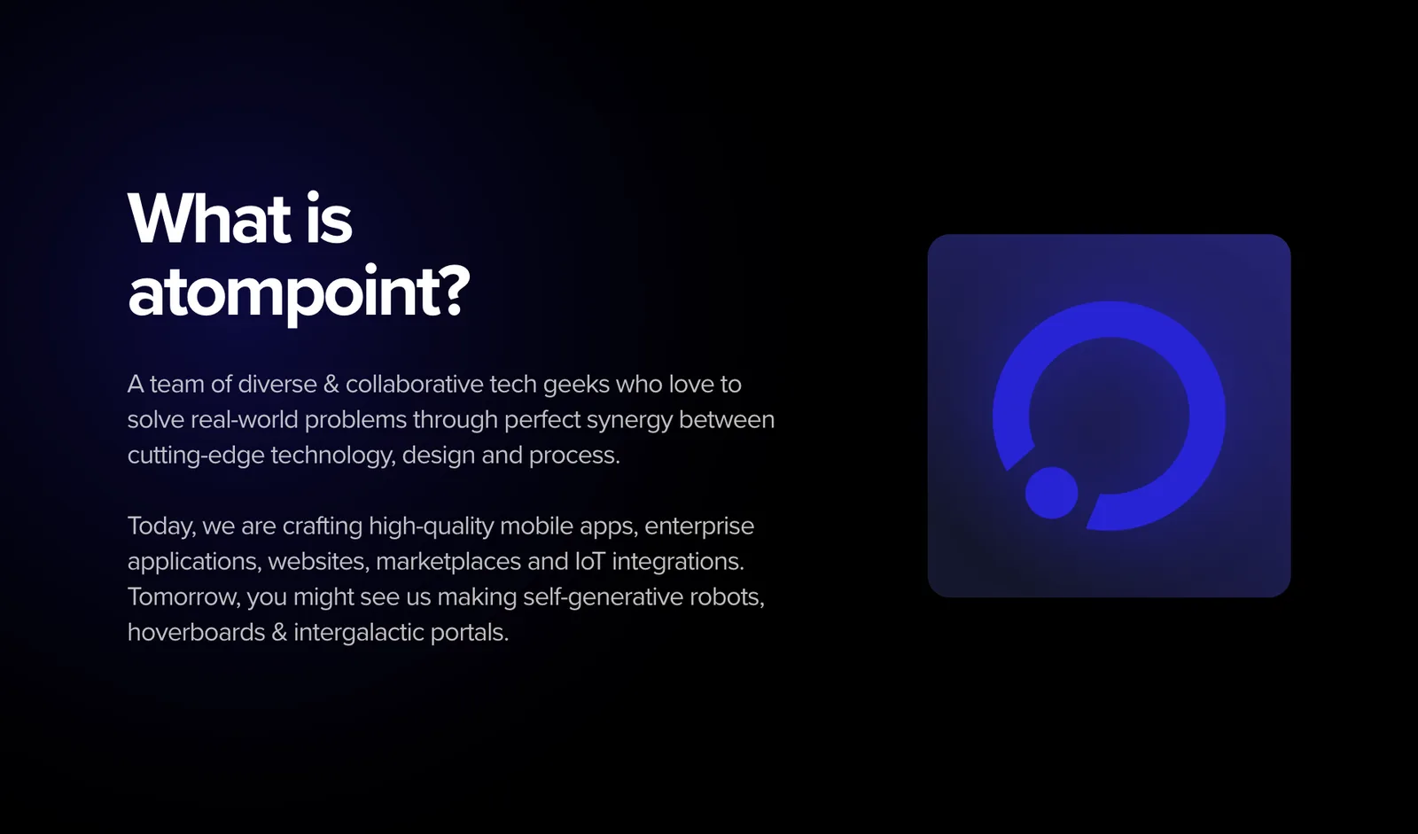The “What is atompoint?” board describing the studio and what it builds.