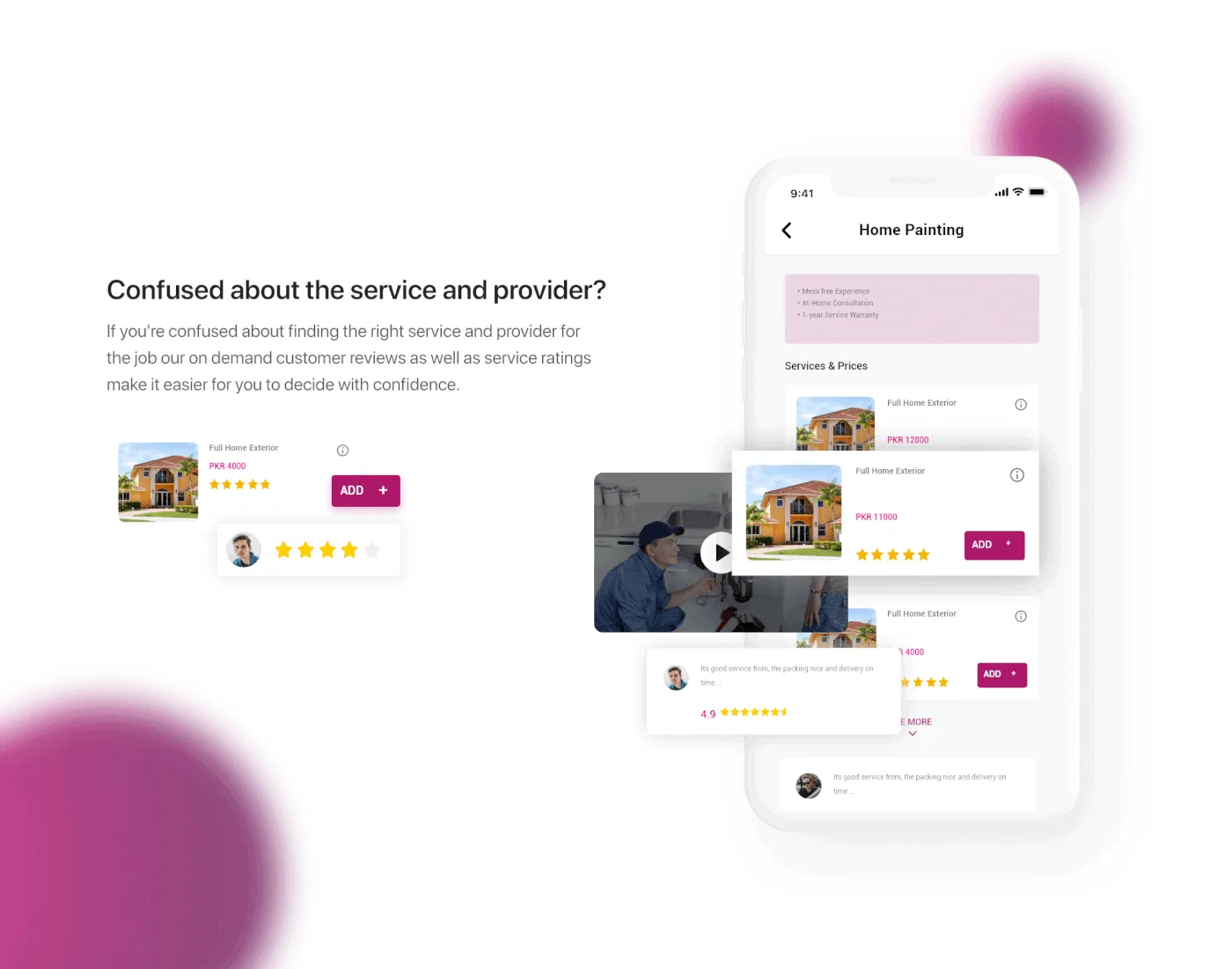 Home-painting service screens showing provider cards with ratings and customer reviews.