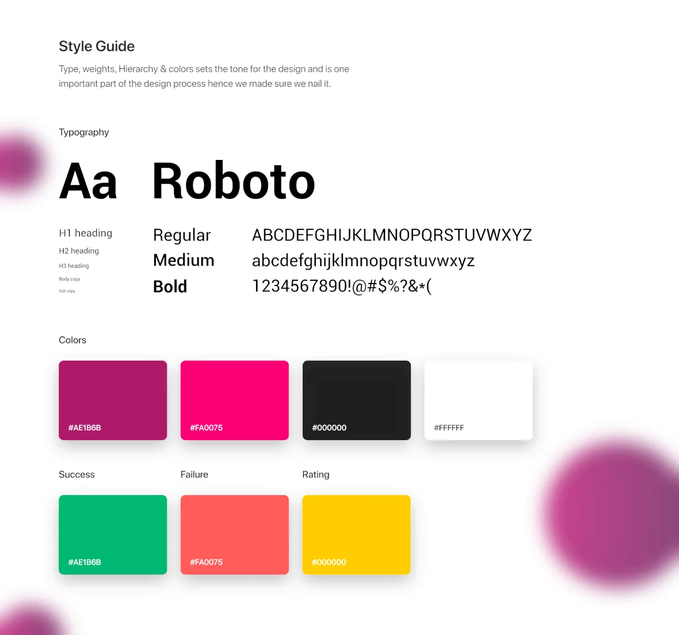 The Blync style guide: Roboto specimen and the colour palette with success, failure and rating colours.