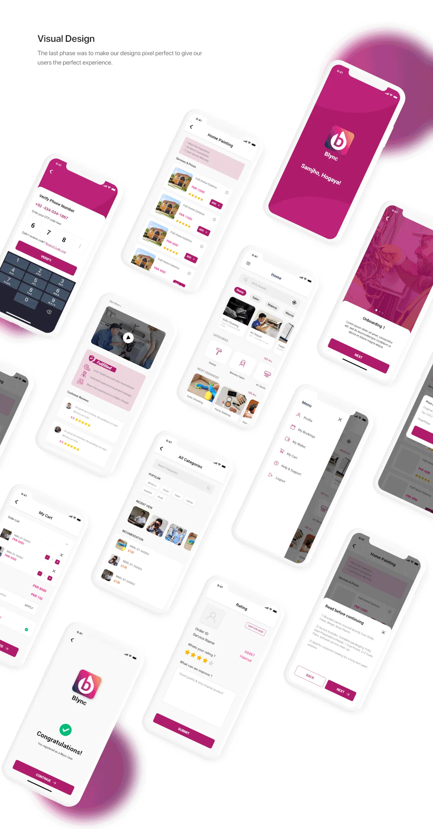 The finished Blync interface, dozens of screens laid out isometrically.