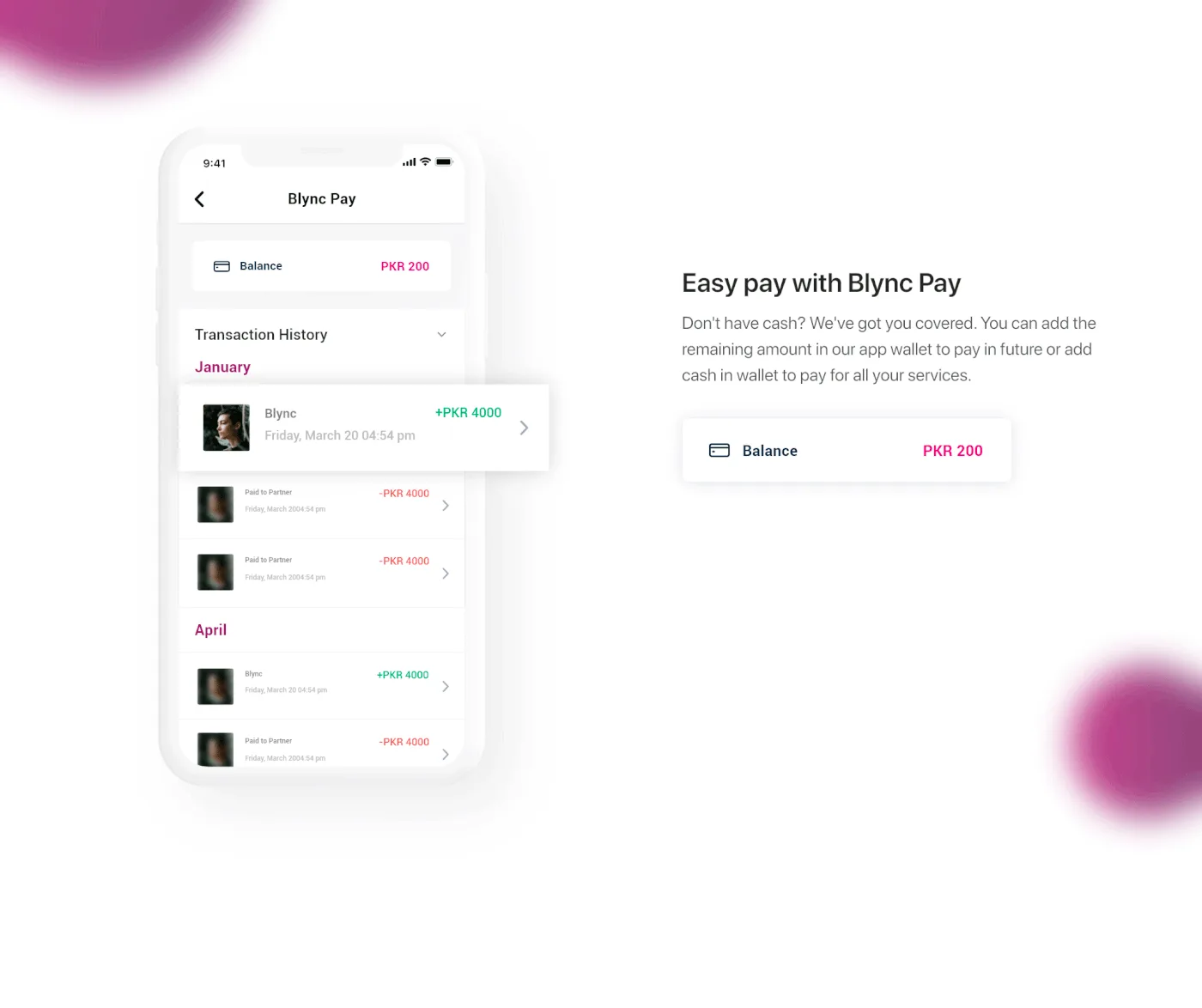 The Blync Pay wallet screen with balance and transaction history.