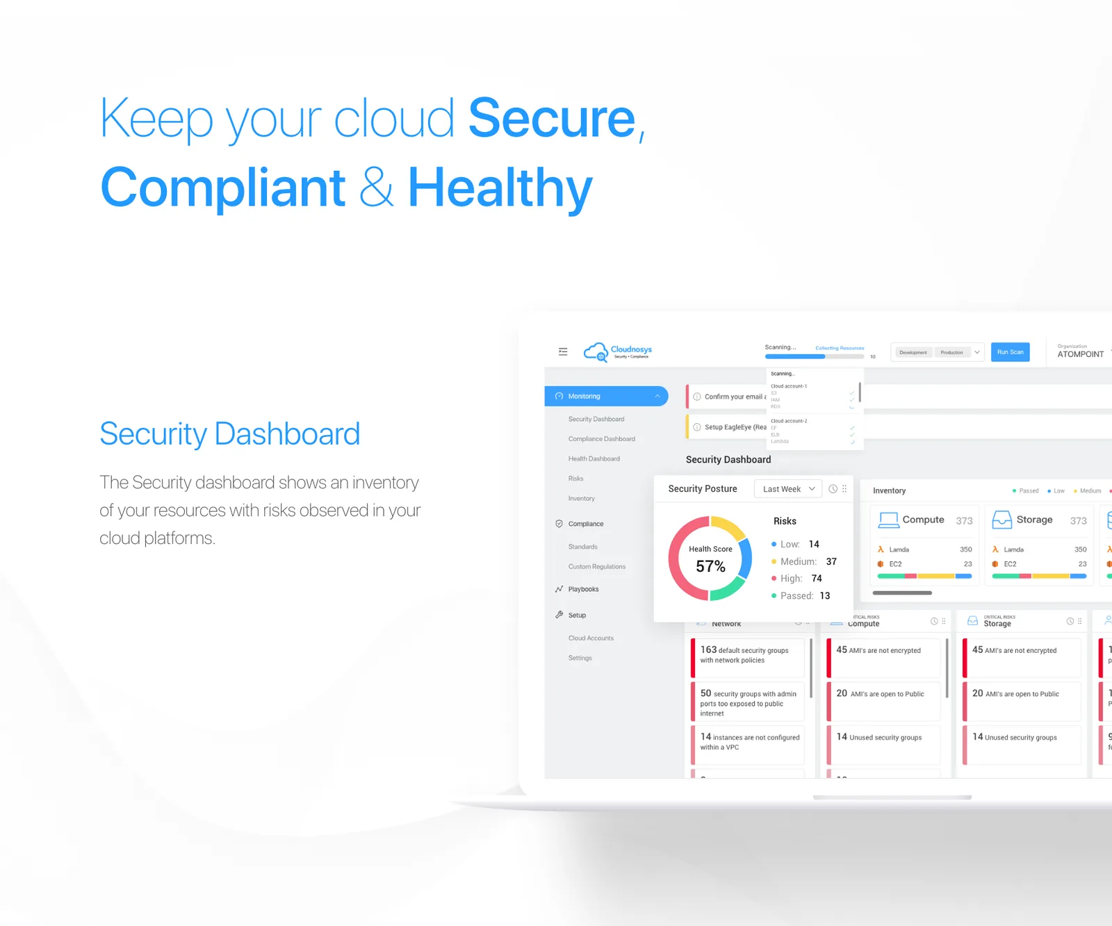 The Cloudnosys security dashboard showing resource inventory and severity breakdown.