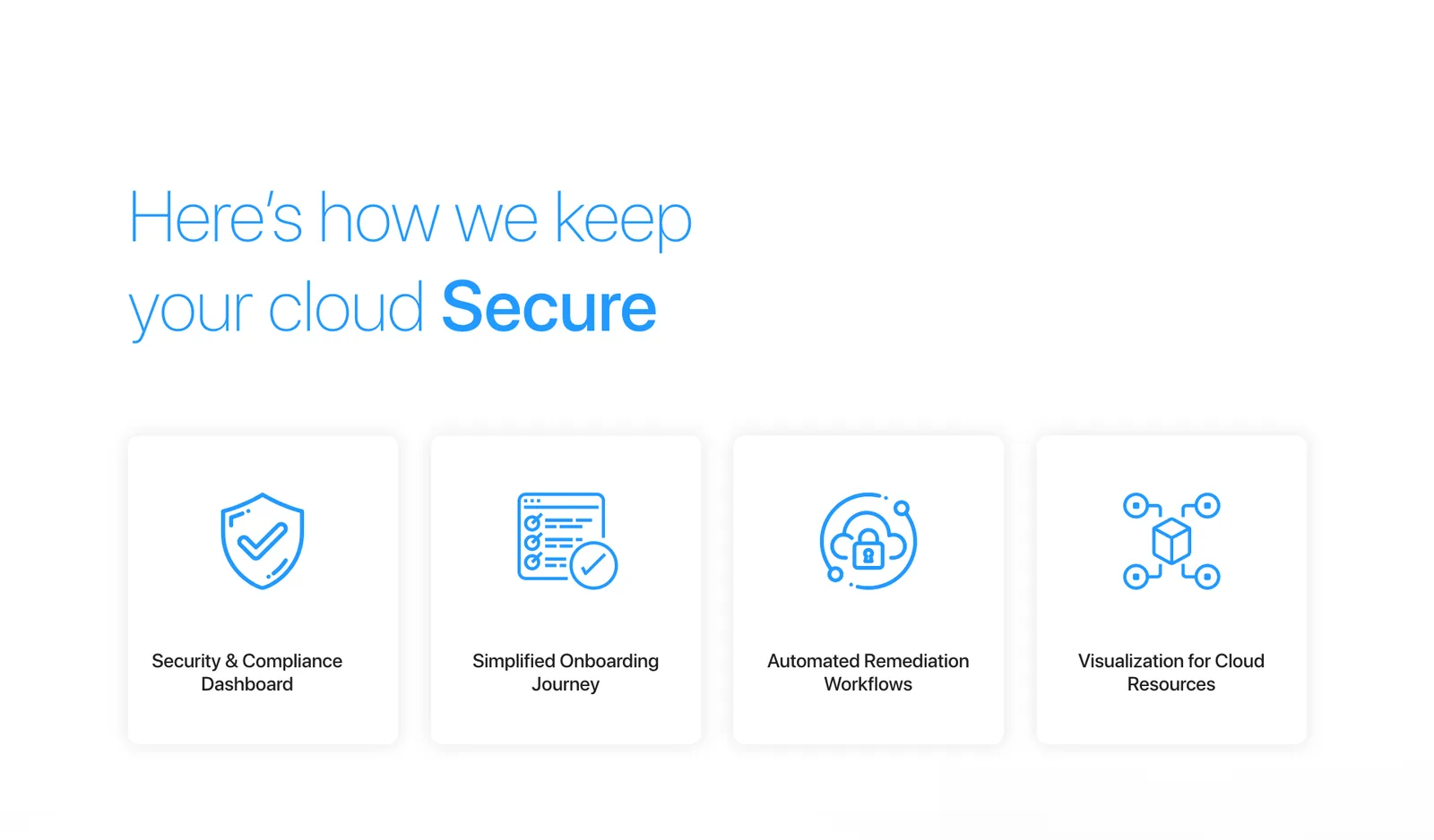 The four pillars: security and compliance dashboard, simplified onboarding journey, automated remediation workflows, visualisation for cloud resources.
