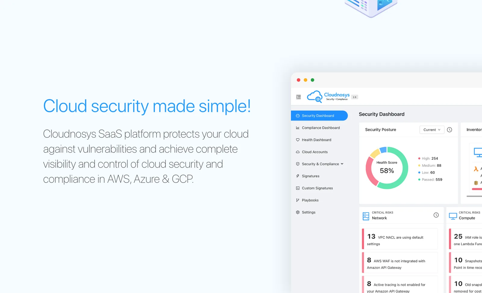 The “Cloud security made simple!” board, showing the Cloudnosys security dashboard.