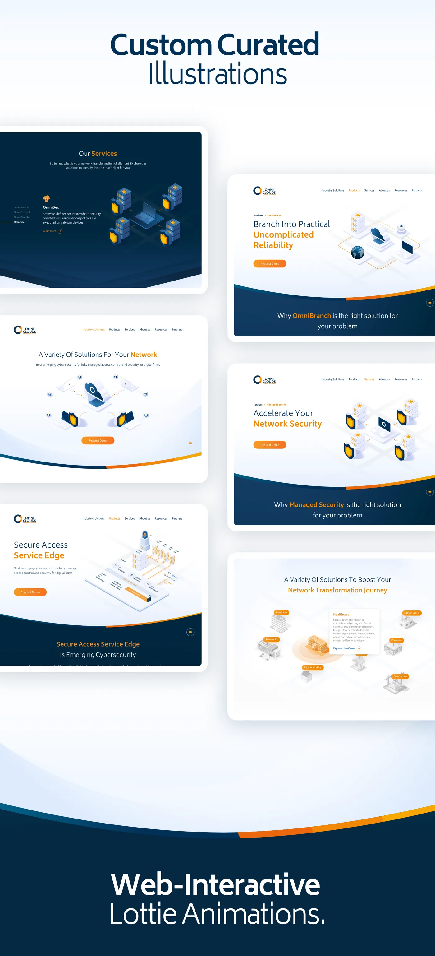 The custom curated illustration set and the web-interactive Lottie animations across the site’s sections.
