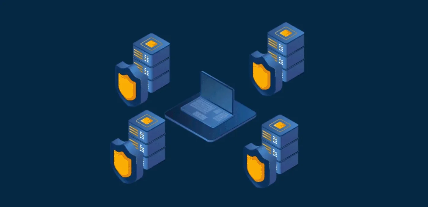 Isometric illustration of servers connected to a laptop, in navy and orange.