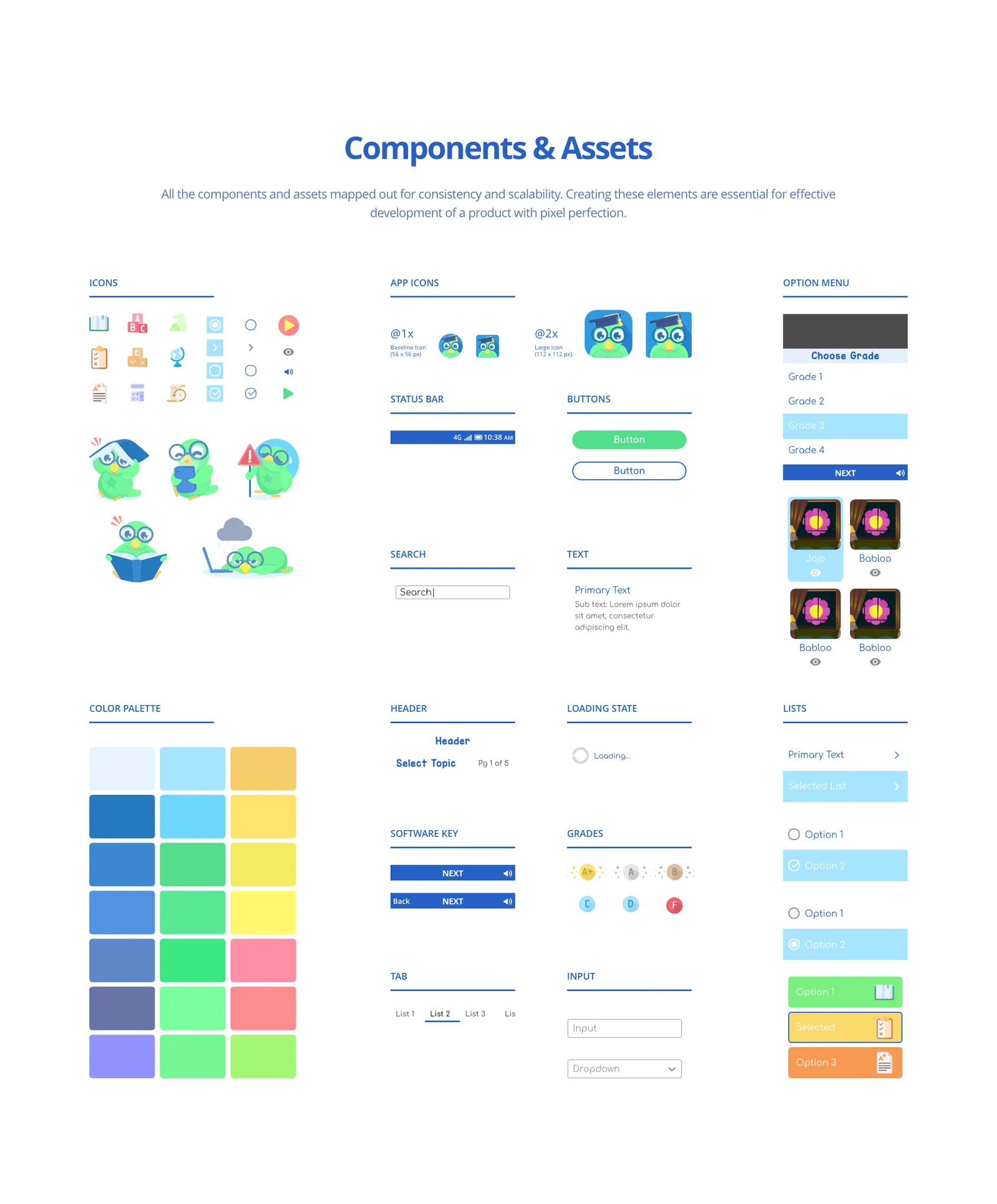 The components and assets library: icons, buttons, list rows, cards and states.