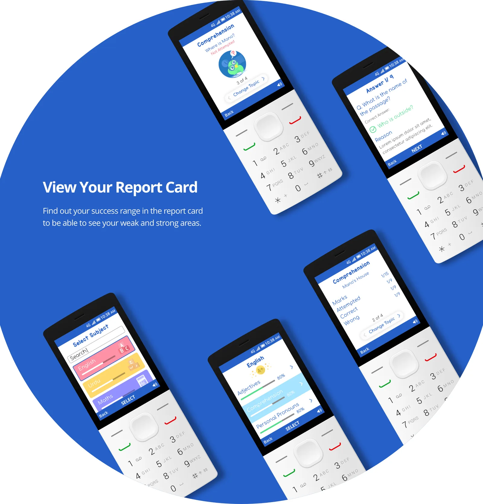 The report card screens showing performance by subject.