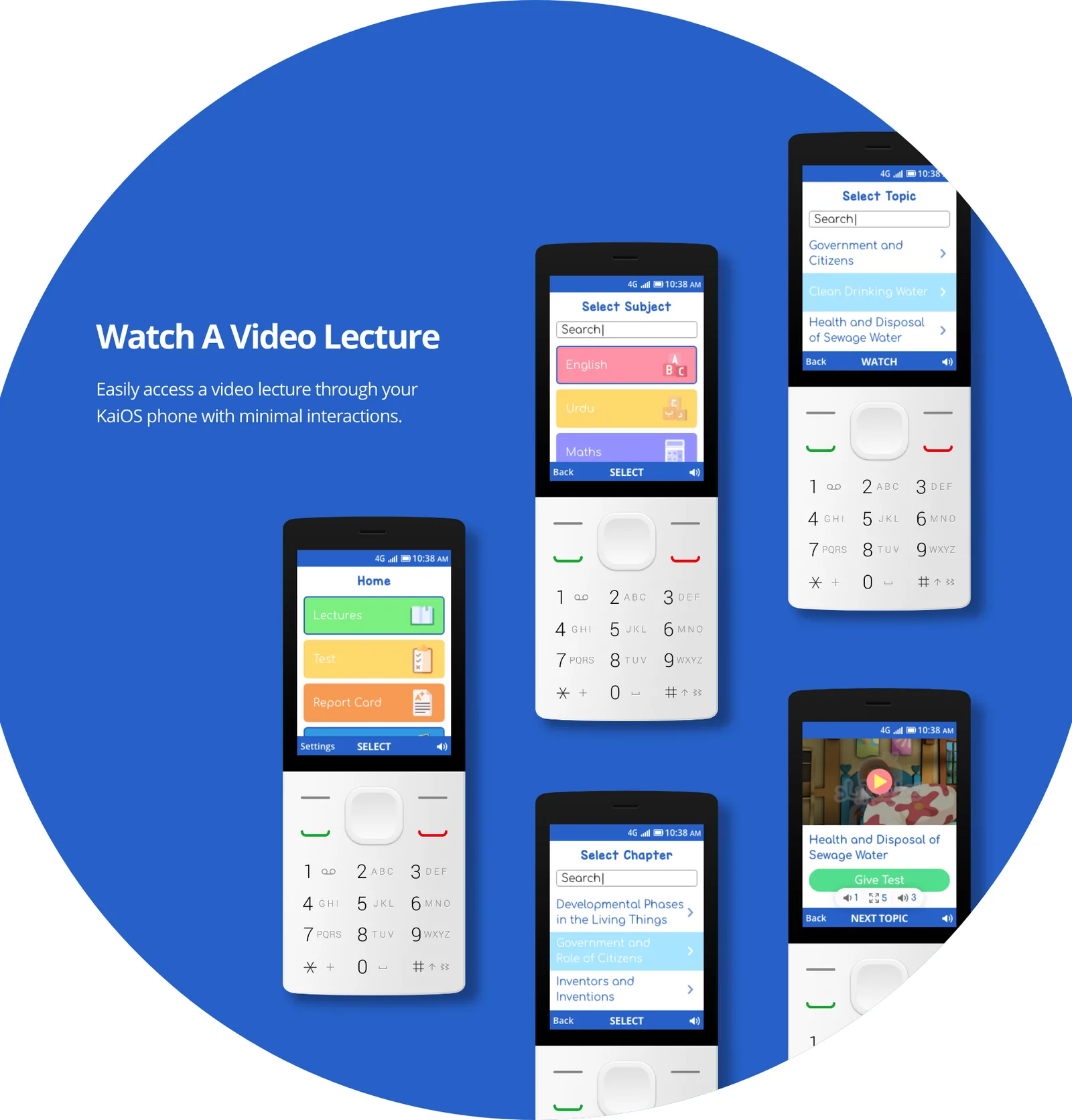 KaiOS phones showing the subject, topic and chapter selection, then a playing video lecture.