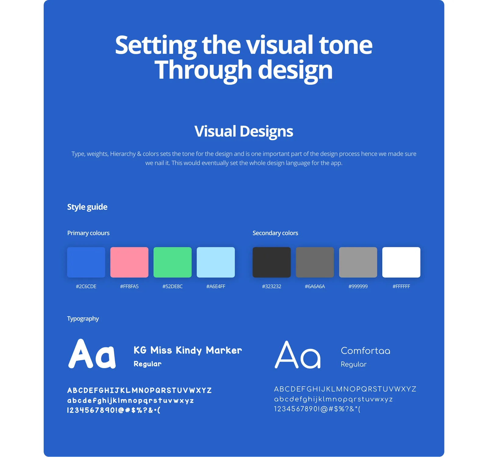 The style guide: primary and secondary colour palettes and the two typefaces.