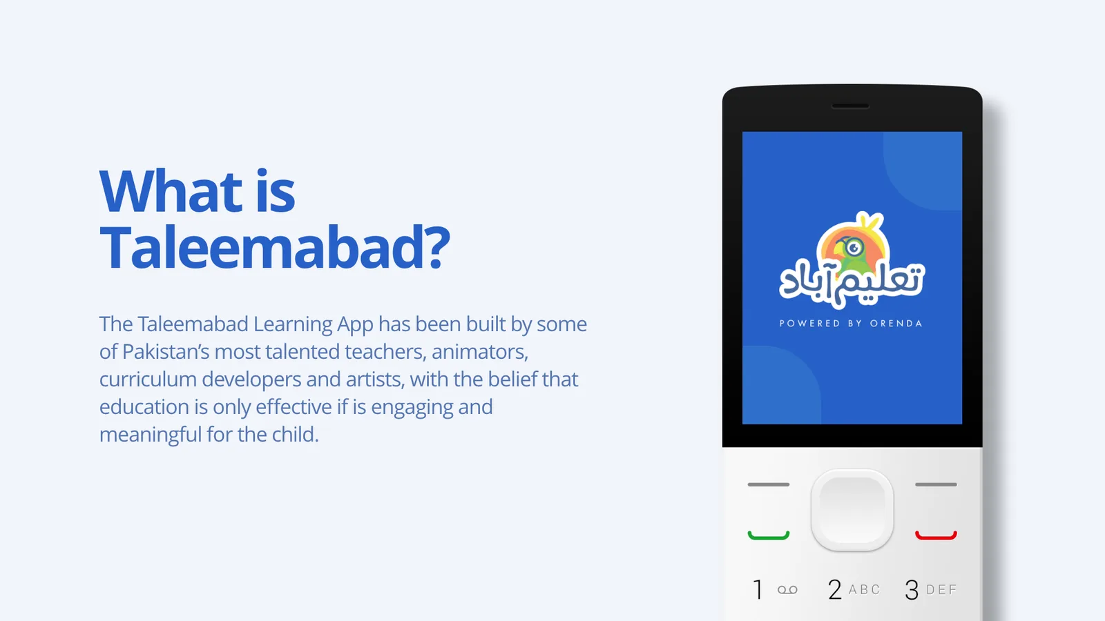 The “What is Taleemabad?” board, showing the app’s splash screen on a KaiOS feature phone with a numeric keypad.
