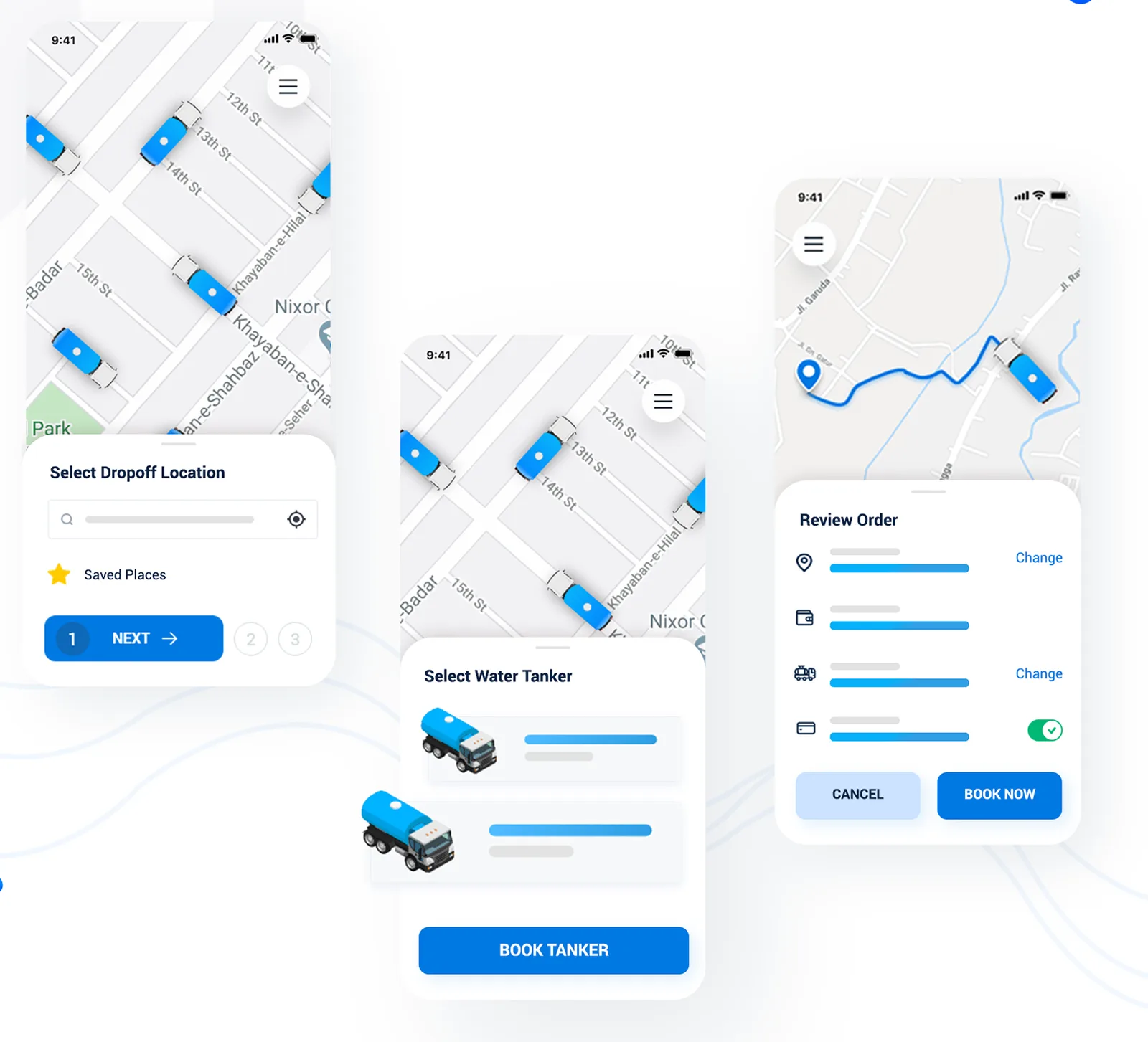 Three booking screens: select drop-off location on a map, select water tanker with sizes and prices, and review order.