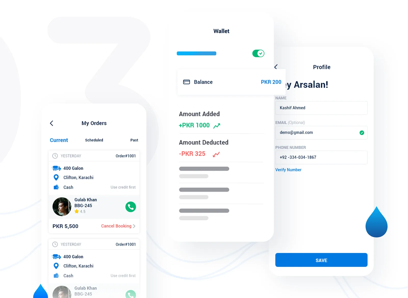 Three screens: my orders split into current and scheduled, a wallet showing amount added and deducted, and the profile form.