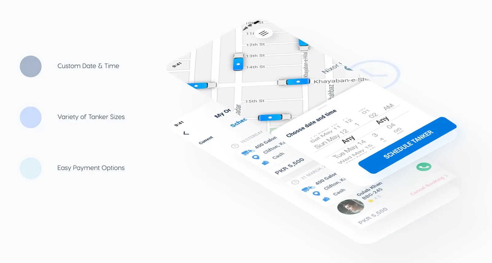 The scheduling screens shown isometrically, with the options custom date and time, variety of tanker sizes, and easy payment.